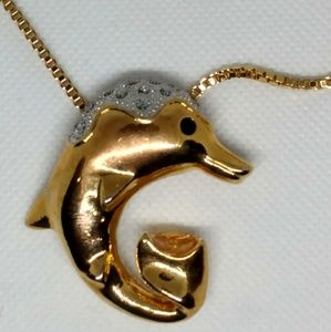 Dolphin pendant necklace gold tone & pave rhinesto